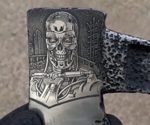 Engraving Two Terminators on a Rusty Axe