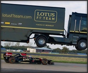 Semi Truck Jumps F1 Car