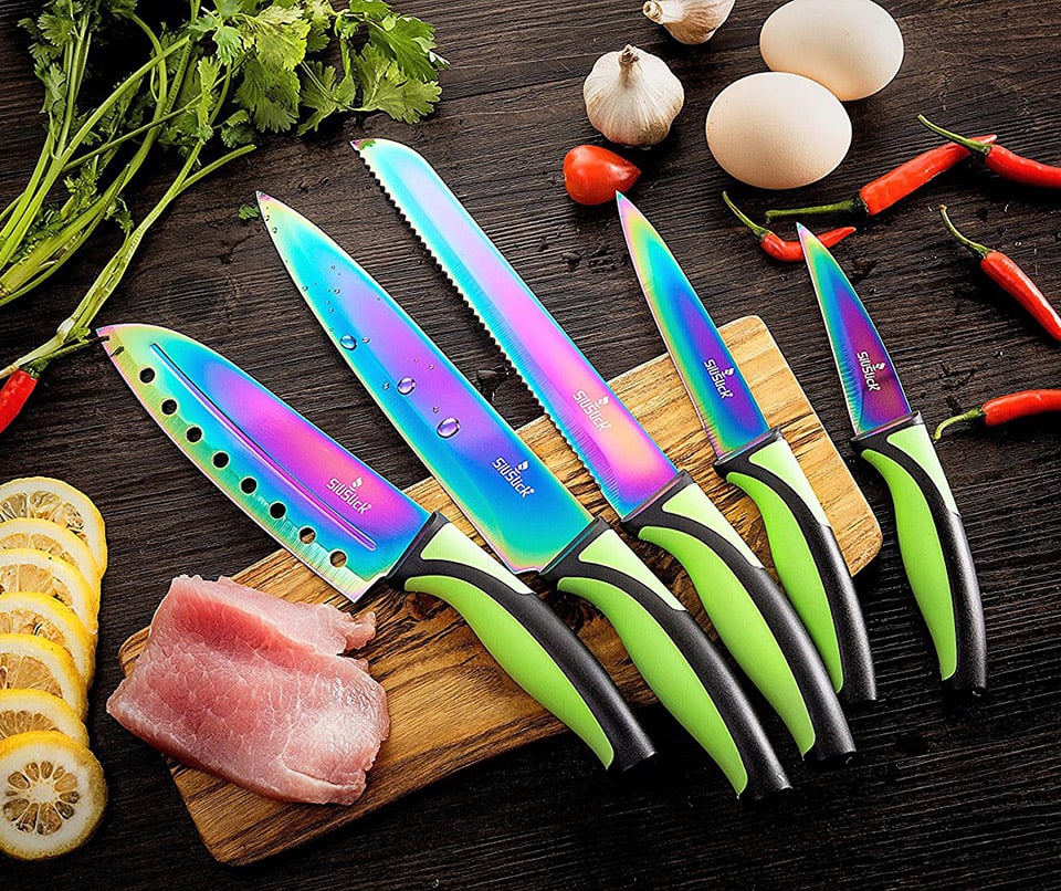 These Unique Kitchen Knives Have a Rainbow Titanium Coating