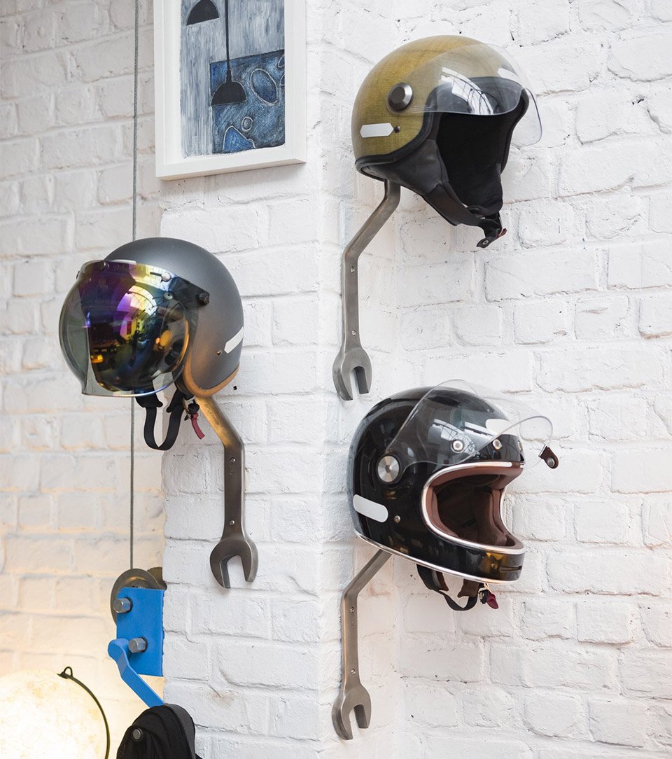 motorcycle helmet and coat rack