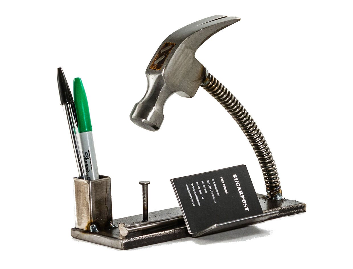 Hammer Hits Nail Steel Business Card Holder
