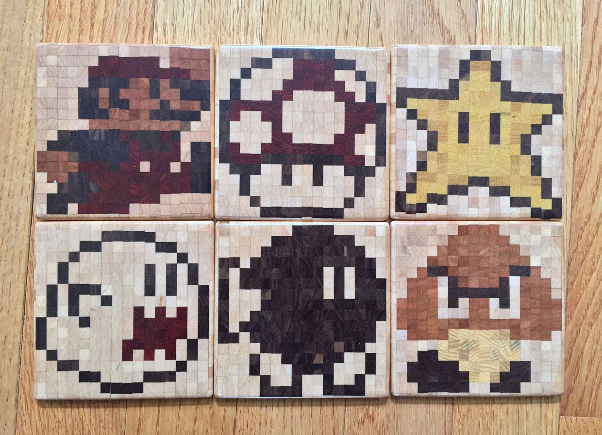Mario Wood Pixel Coasters