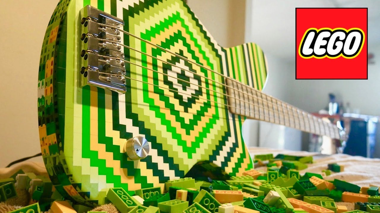 LEGO guitar built by musician features playable colorful brick