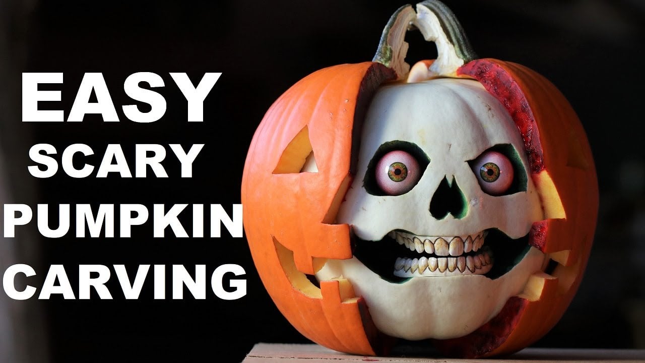 Carving an Extra Creepy Pumpkin with a Skull Inside