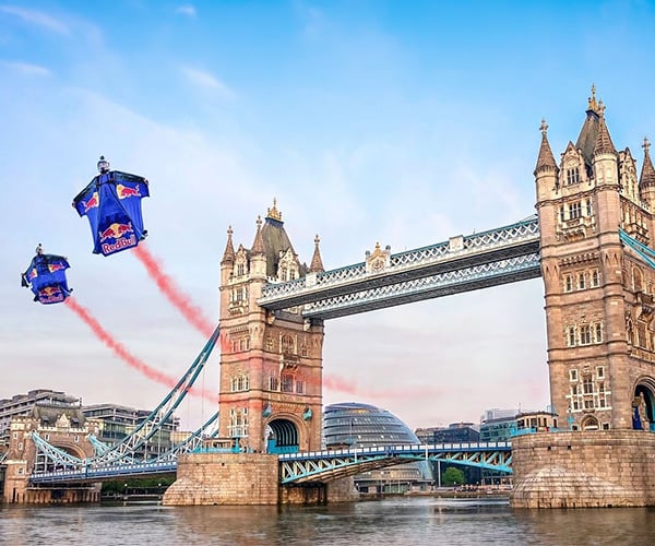 Wingsuit Flying Through London Bridge