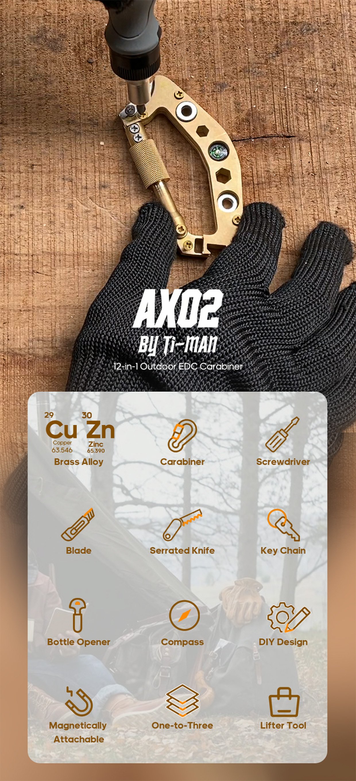 AX02 Brass Alloy Carabiner Multitool